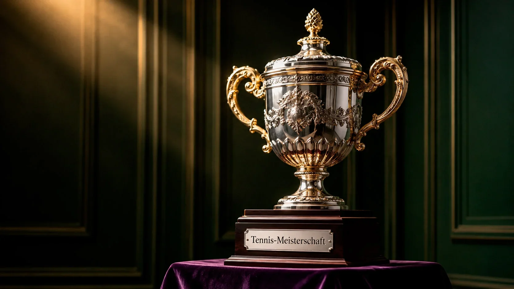 Wimbledon-Pokal auf silbernem Sockel im Centre-Court-Korridor — Rückblick auf das Turnier 2025